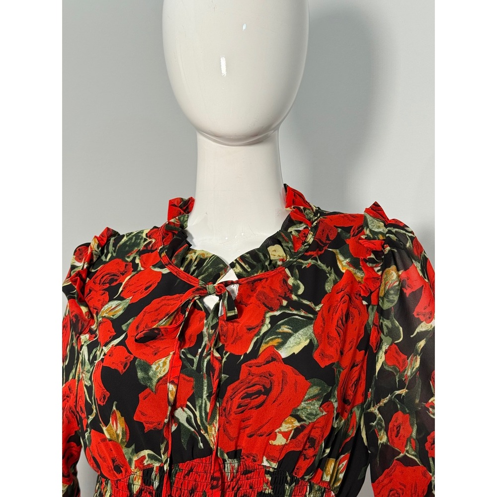 Tuleen Red Rose Floral Maxi Dress Smocked Waist Long Sleeve Boho XL - Picture 6 of 10